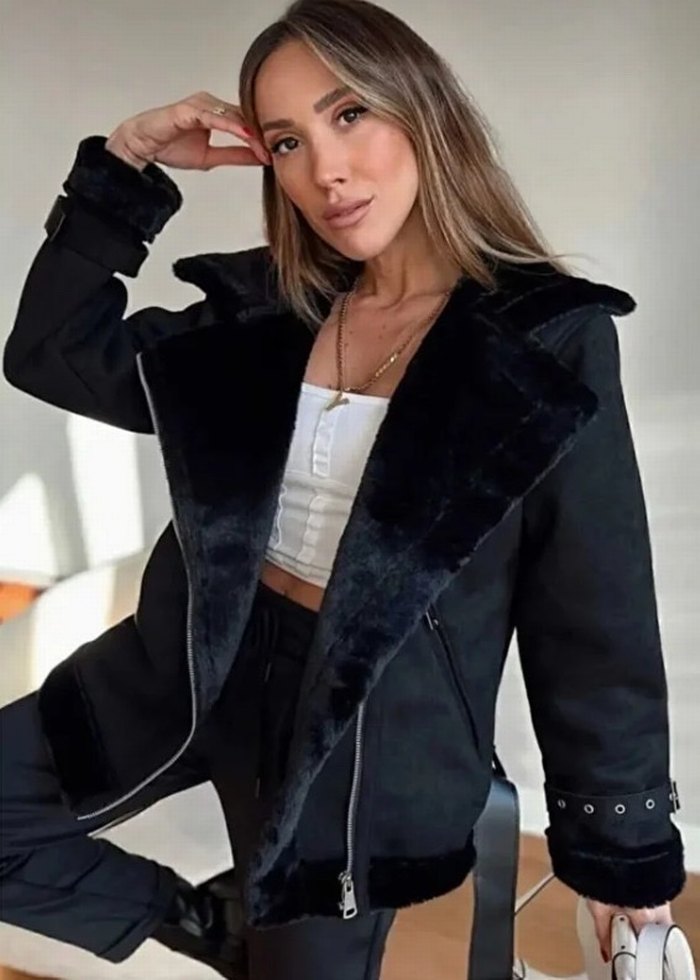 Siyah Kürklü Süet Kısa Kadın Ceket - Görsel 2