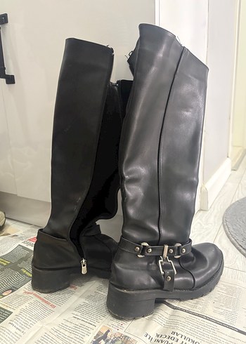 Kadın Siyah Parlak Deri Dizüstü Biker Çizme - Görsel 4