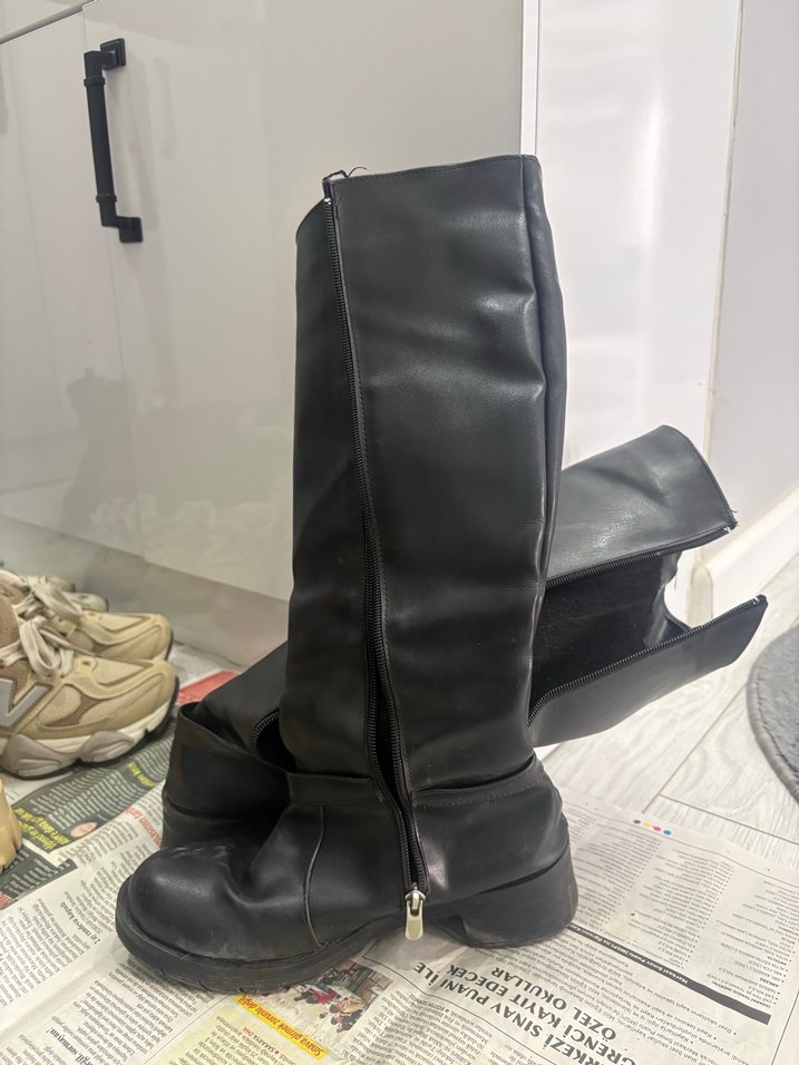 Kadın Siyah Parlak Deri Dizüstü Biker Çizme - Görsel 3