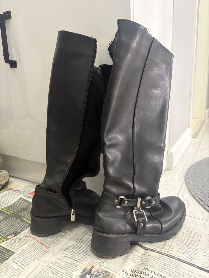 Kadın Siyah Parlak Deri Dizüstü Biker Çizme - Görsel 4