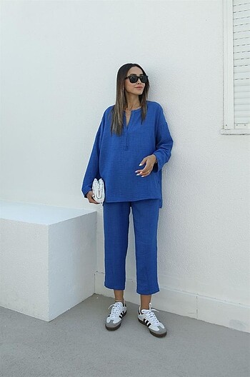Saks Mavisi V Yaka Bluz Pantolon Takım
