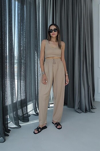 Bej Kalın Askılı Crop Pantolon Takım