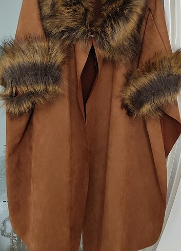 Süet kürklü panço 