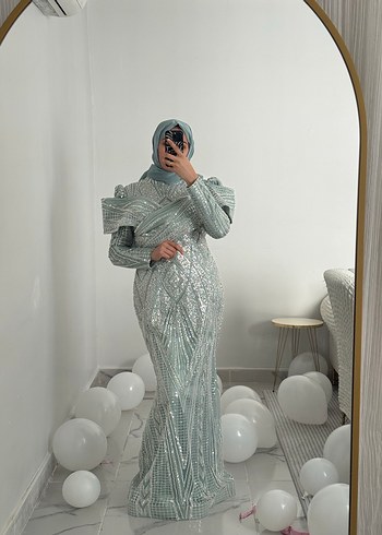 Tesettür su yeşili abiye - Görsel 2