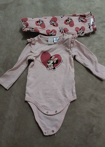 Pembe Uzun Kollu Bebek Kız Takımı Minnie Baskılı