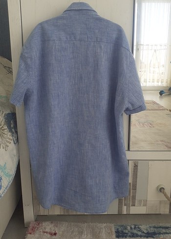 Mavi Keten Erkek Kısa Kollu Gömlek - Görsel 6