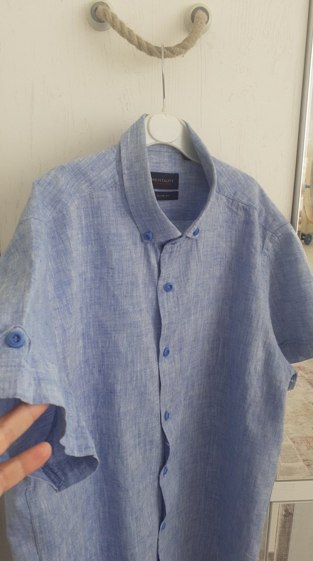 Mavi Keten Erkek Kısa Kollu Gömlek - Görsel 2