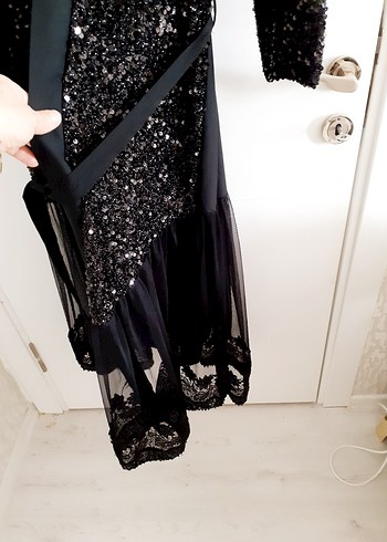 Siyah Parlak Uzun Abiye abaya takım - Görsel 5