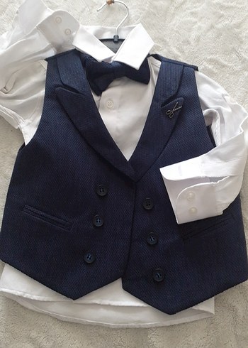 24-36 Ay Beden Çocuk Klasik Koyu Mavi Denim Yelekli Takım