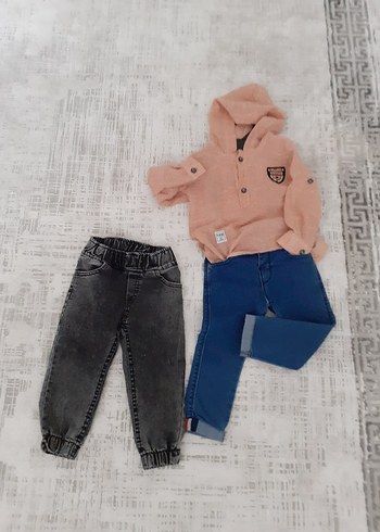 Erkek Bebek Gri ve Pembe Denim Takım