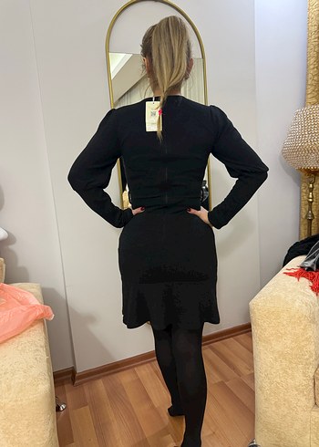 Siyah V Yakalı Triko Mini Elbise - Görsel 2