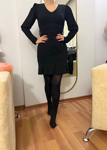 Siyah V Yakalı Triko Mini Elbise - Görsel 3