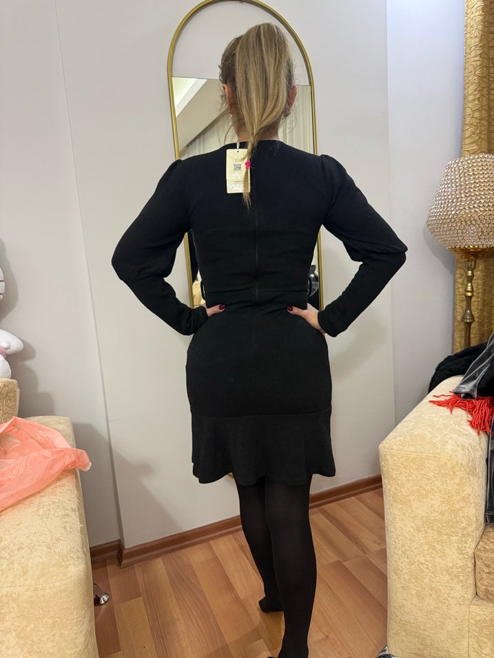 Siyah V Yakalı Triko Mini Elbise - Görsel 2