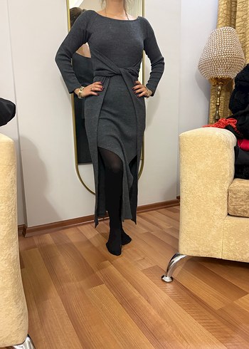 Gri Uzun Kollu Kuşaklı Kadın Elbise - Görsel 3