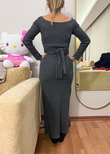 Gri Uzun Kollu Kuşaklı Kadın Elbise - Görsel 2