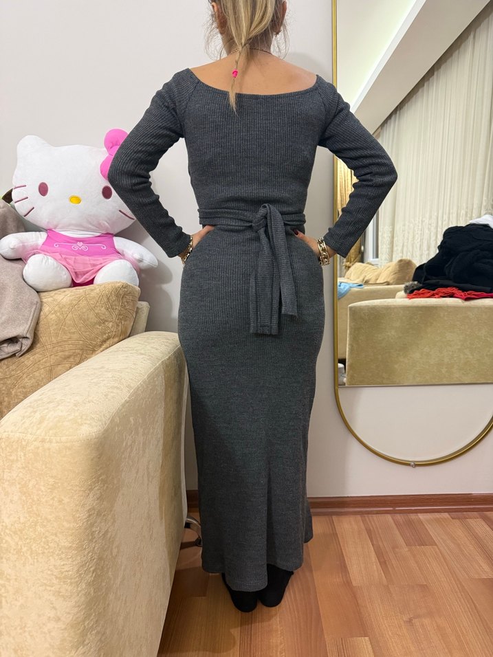 Gri Uzun Kollu Kuşaklı Kadın Elbise - Görsel 2