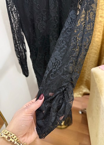 Dantel Detaylı Siyah Uzun Kollu abiye Elbise - Görsel 3
