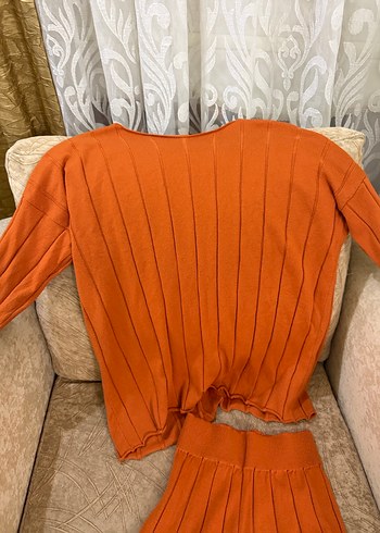 Kadın Turuncu Örgü Mini Triko Kazak pantolon takım - Görsel 2