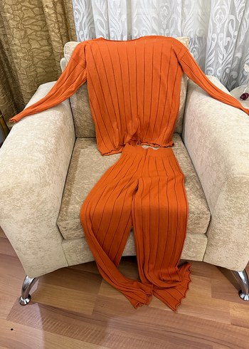 Kadın Turuncu Örgü Mini Triko Kazak pantolon takım - Görsel 5