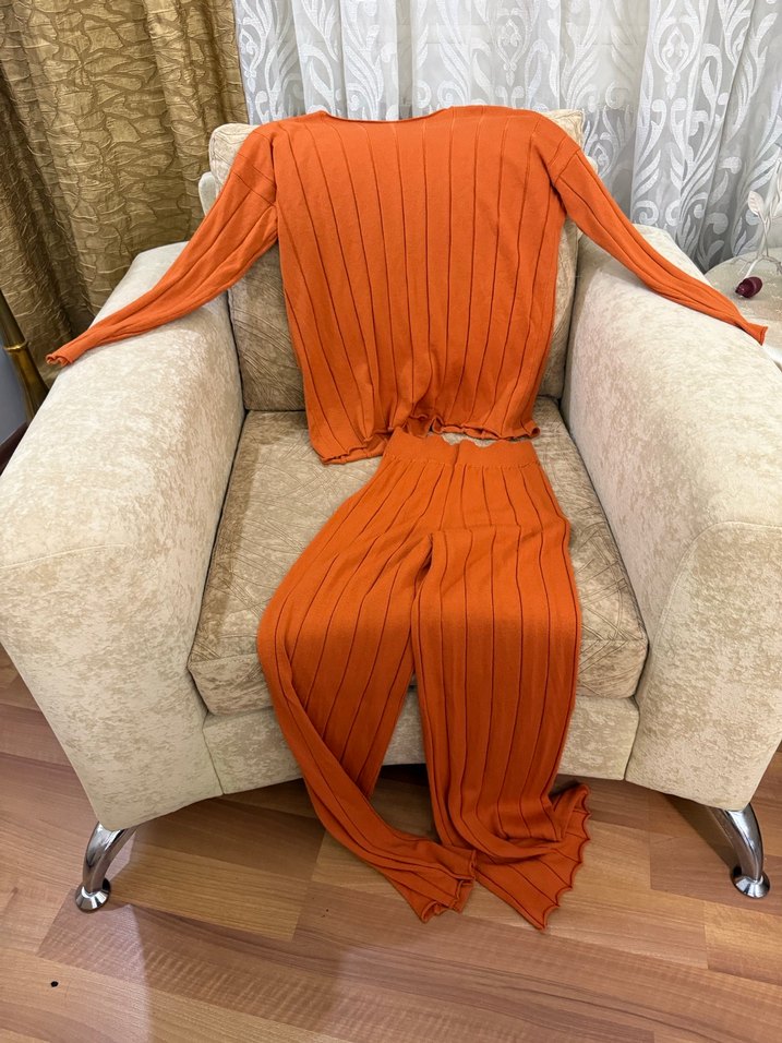 Kadın Turuncu Örgü Mini Triko Kazak pantolon takım - Görsel 5