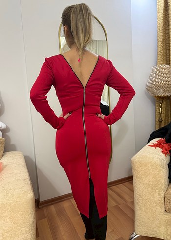 Uzun Kollu Kırmızı Fermuarlı Kalem Elbise - Görsel 2