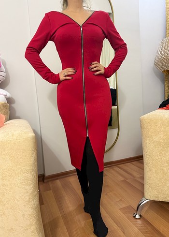 Uzun Kollu Kırmızı Fermuarlı Kalem Elbise - Görsel 3