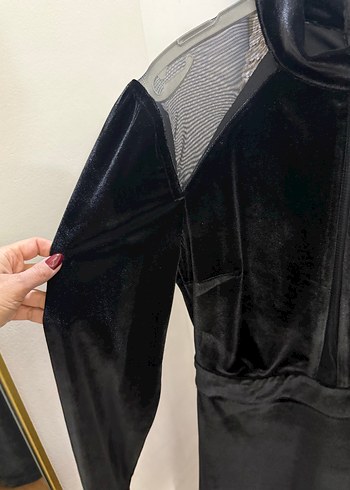 Siyah Uzun Kollu Drapeli Kadife Kadın Elbise - Görsel 4