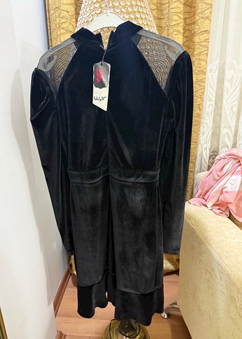 Siyah Uzun Kollu Drapeli Kadife Kadın Elbise - Görsel 2