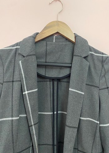 Düğmeli Gri Ekose Kadın Blazer Ceket - Görsel 2