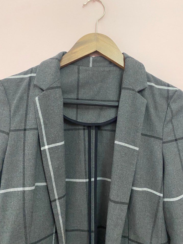 Düğmeli Gri Ekose Kadın Blazer Ceket - Görsel 2