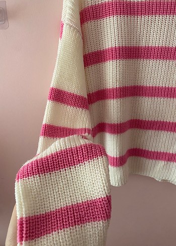 Pembe Çizgili Örgü Kadın Kazak - Görsel 2