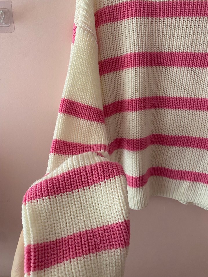 Pembe Çizgili Örgü Kadın Kazak - Görsel 2