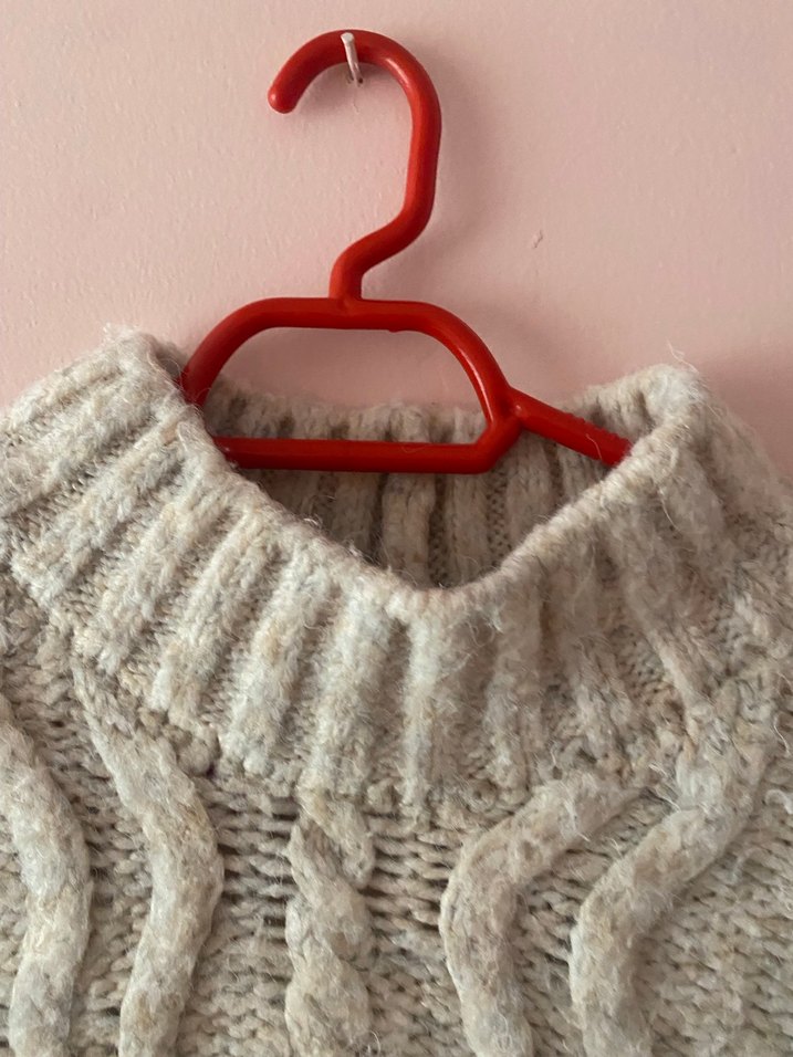 Bej Yüksek Yakalı Örgü Kadın Kazak - Görsel 5