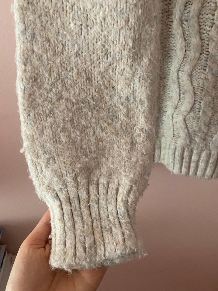 Bej Yüksek Yakalı Örgü Kadın Kazak - Görsel 3