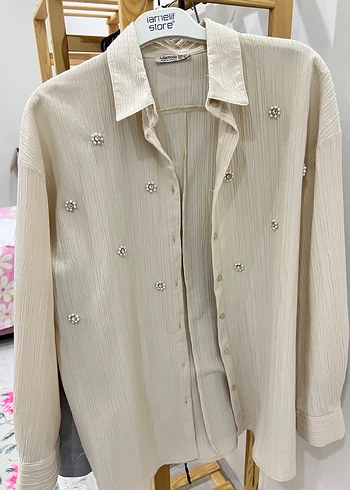 Nakışlı boncuklu krem Gömlek - Görsel 3