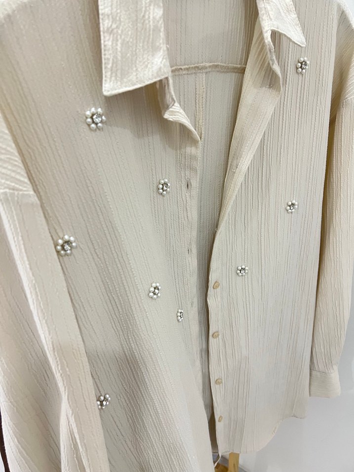 Nakışlı boncuklu krem  Gömlek - Görsel 5