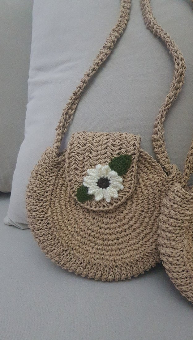 Bej Çiçekli Örgü Bohem bayan makaron Çantası - Görsel 2