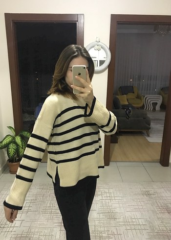 Koton Bej Çizgili Oversize Kadın Kazak