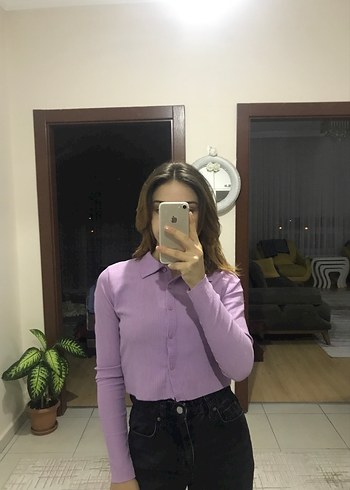 Lila Uzun Kollu Kadın Triko Gömlek