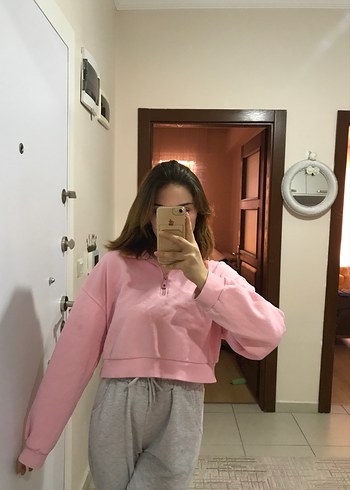 s Beden Pembe Yüksek Yakalı Salaş Sweatshirt