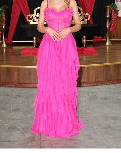 Pembe Uzun Abiye Elbise