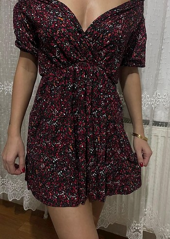 Bordo Bağlama Desenli Straplez Mini Elbise