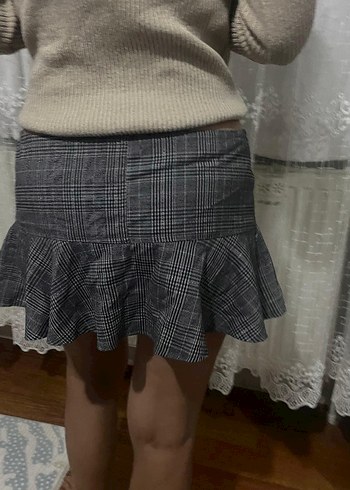 40 Beden gri Renk Düğmeli Gri Ekose Mini Etek