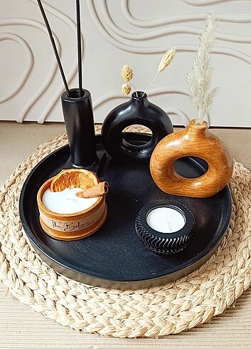 Beden siyah Renk Bohem Ahşap Siyah vazo mum set