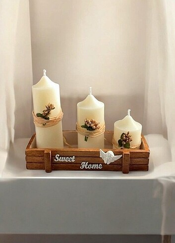 Ahşap görünümlü kasa 3lü mum set