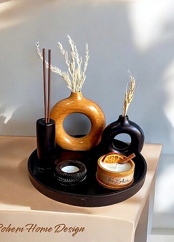 Bohem Ahşap Bej Vazo mum set