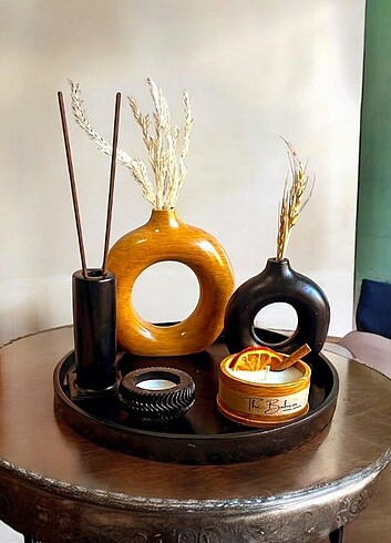 H&M Home Bohem Ahşap Bej Vazo mum set