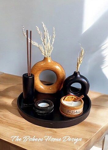 Beden Bohem Ahşap Bej Vazo mum set