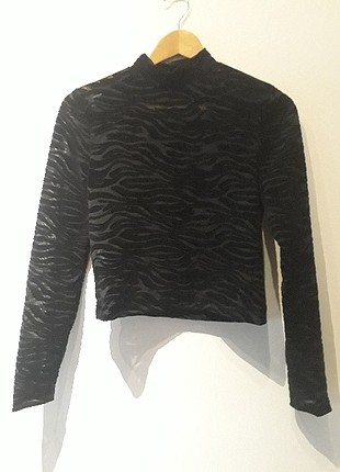 siyah tul-kadife desenli bluz
