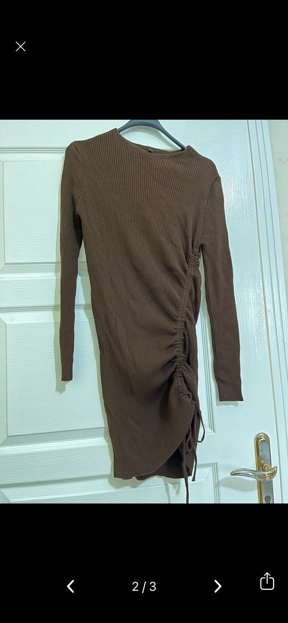 Kahverengi Uzun Kollu Triko Elbise - Görsel 2